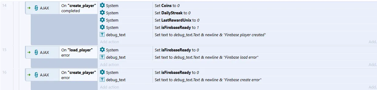 Завершение создания игрока и обработка ошибок Firebase