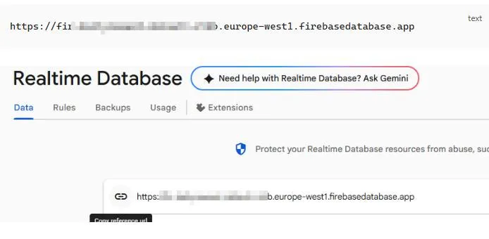 URL базы Firebase Realtime Database